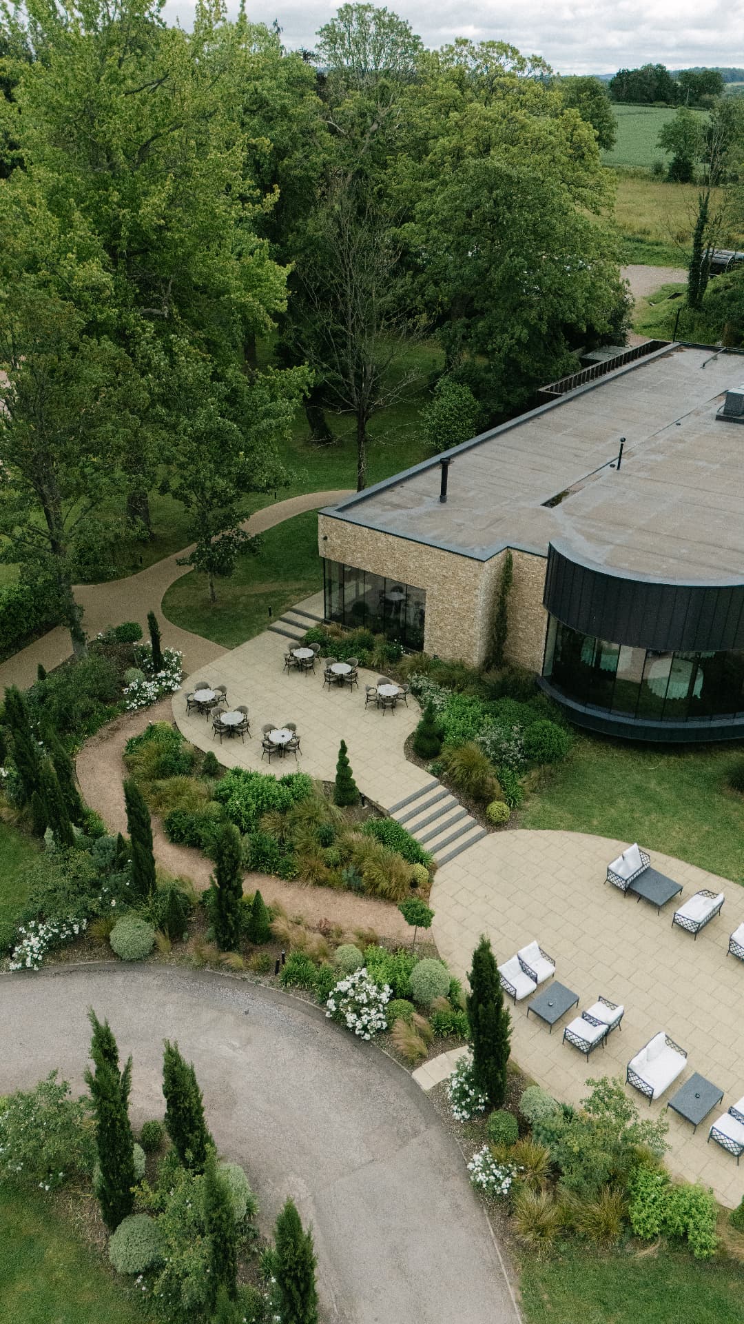 Aerial view of a wedding venue and its gardens